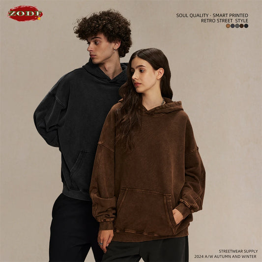 ZODF Vintage Batik Washed 420gsm Cotton Hoodies For Men Unisex Heavyweight Loose Hip Hop Hooded Sweatshirts Pullovers HY0696