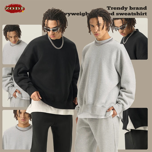 ZODF Fashion Men Winter Side Split Fleece Sweatshirt Winter Unisex Oversized 350gsm O Neck Warm Pullovers Brand Clothing HY0058