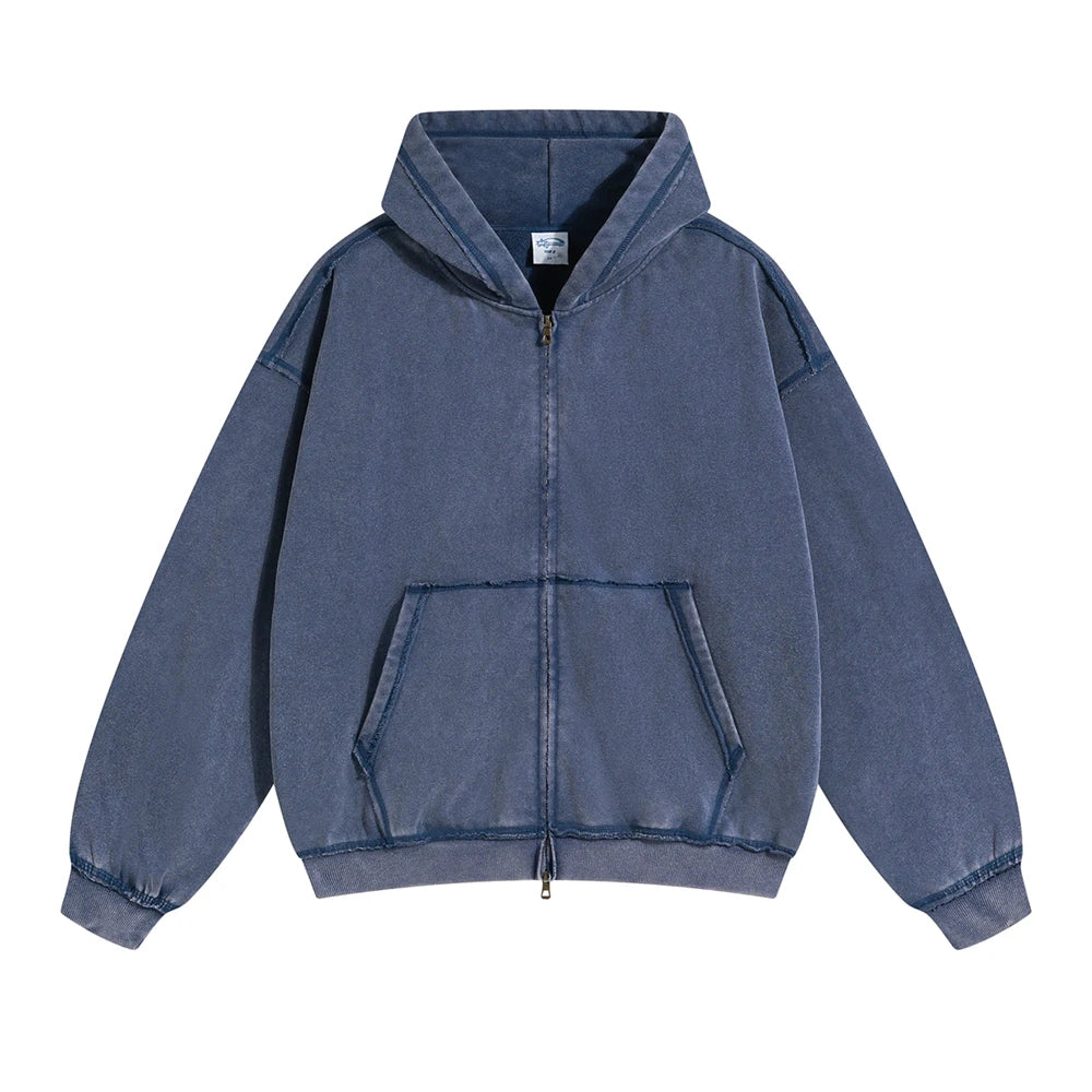 ZODF Retro Men's Heavyweight 450gsm Zipper Hoodies Unisex Loose Distressed Washed Batik Knitted Hooded Coat Jacket HY0889