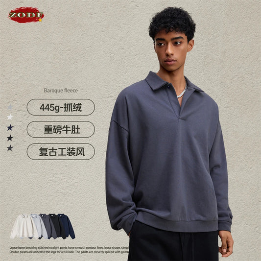 ZODF Casual 2025 Autumn 445gsm Sweatshirt For Man Unisex Turn Down Collar Solid Fleece Pullovers Winter Coats HY1111