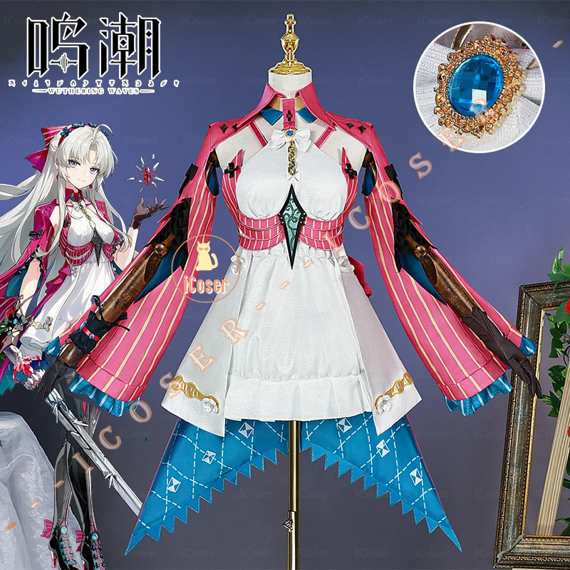 Wuthering Waves Carlotta Cosplay Costume Wig Dress Carlotta Montelli Rinascita Earrings Halloween Party for Women Girls Carnival