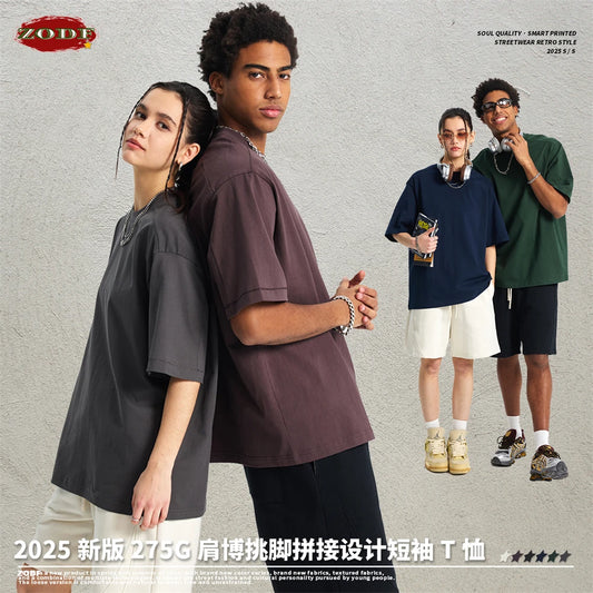 ZODF Trendy 2025 Men 275gsm Cotton T-Shirts Unisex Summer Patchwork Solid O Neck T Shirt Brand Tees HY1045