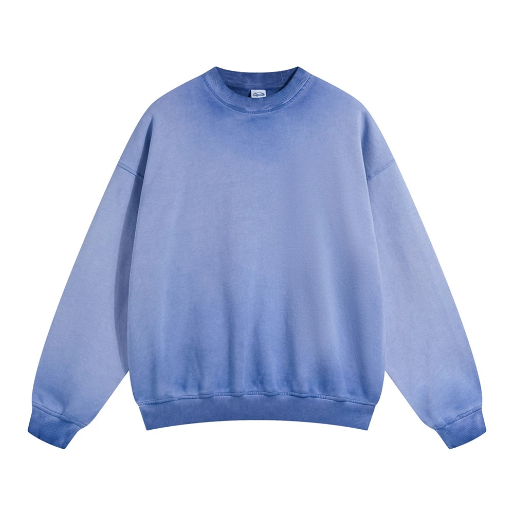 ZODF 2024 Autumn Unisex Washed Sweatshirt Retro Solid 430gsm Terry Cotton O-Neck Pullover HY0880 - Blue / XXL / China