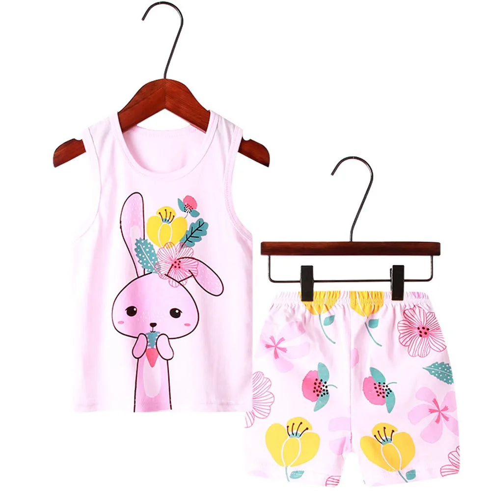 Summer Pj Set Kids Clothes Home Wear Pink Rabbit Girls Pajamas Sets 1 to 2 3 4 5 6 7 8 9 10 Years Flower Easter Pijamas Cotton