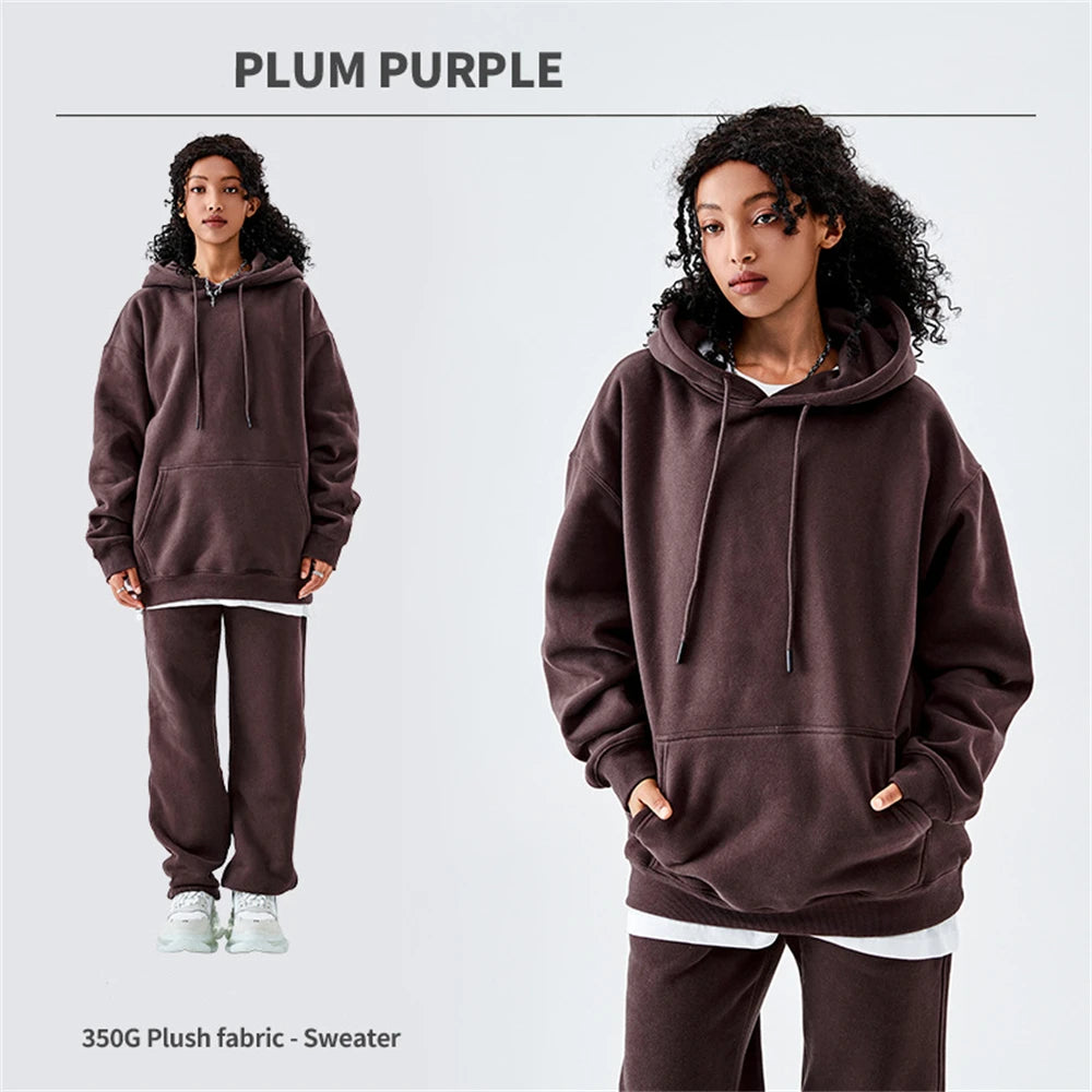 ZODF Casual Winter Men 350gsm Fleece Hoodie Unisex Loose Warm Solid Hooded Sweatshirt Pullover 18 Colors HY0728 - Plum