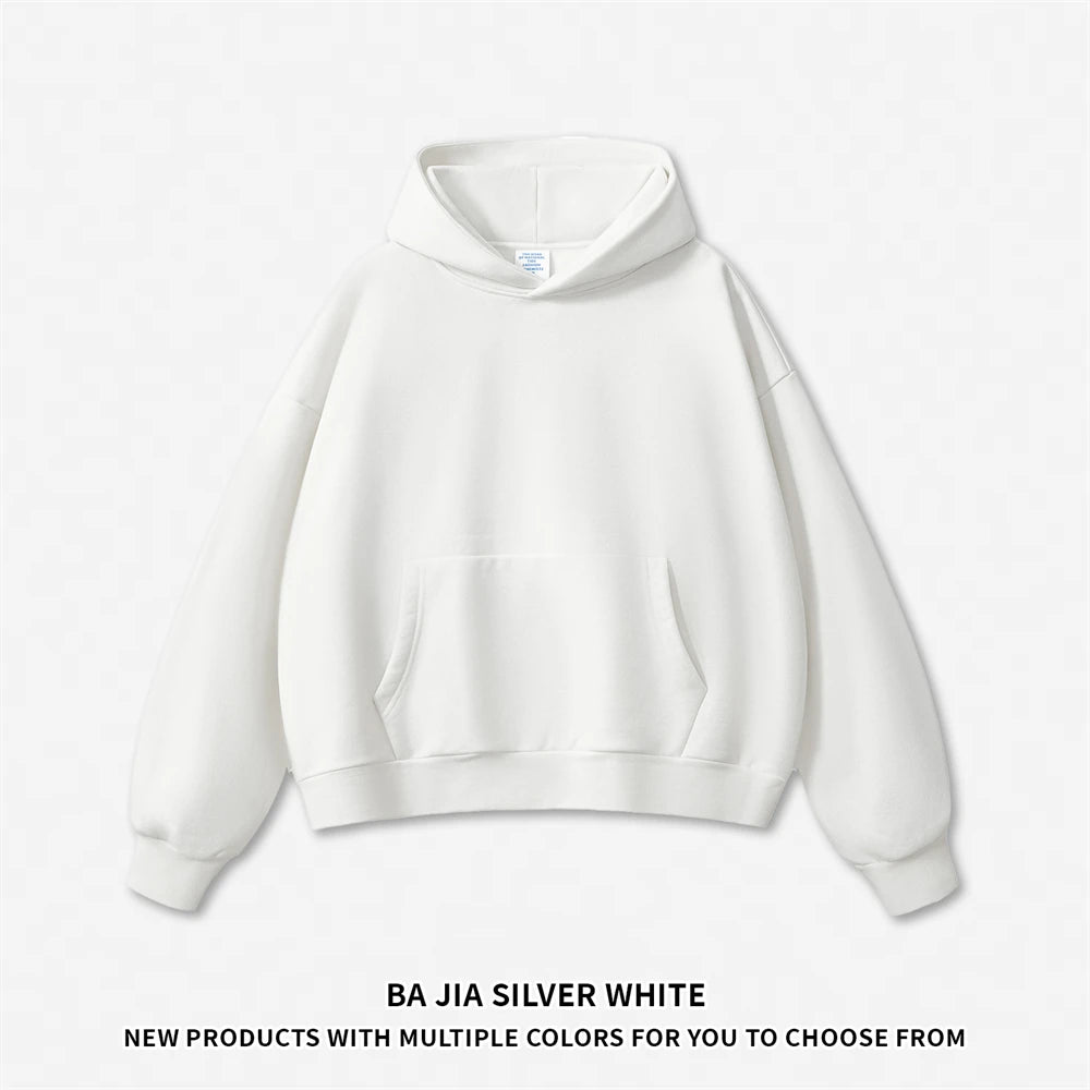 ZODF Winter Men 500gsm Heavyweight Fleece Hoodie Loose Fit Thick Warm Hooded Pullover HY0045 - WHITE / M / China