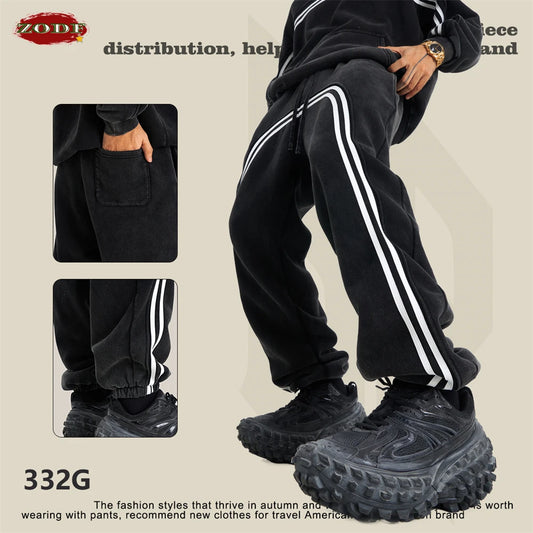 ZODF New Autumn Winter Men Fleece Sweatpants Women Unisex 332gsm Washed Ribbon Warm Joggers Pants Brand Clothes HY0877