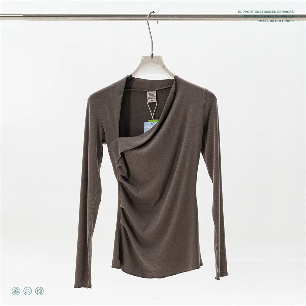 ZODF Retro Sexy Women Autumn Washed 275gsm Distressed Side Pleated Full Sleeve T-Shirt HY1107 - Coffee / S / China