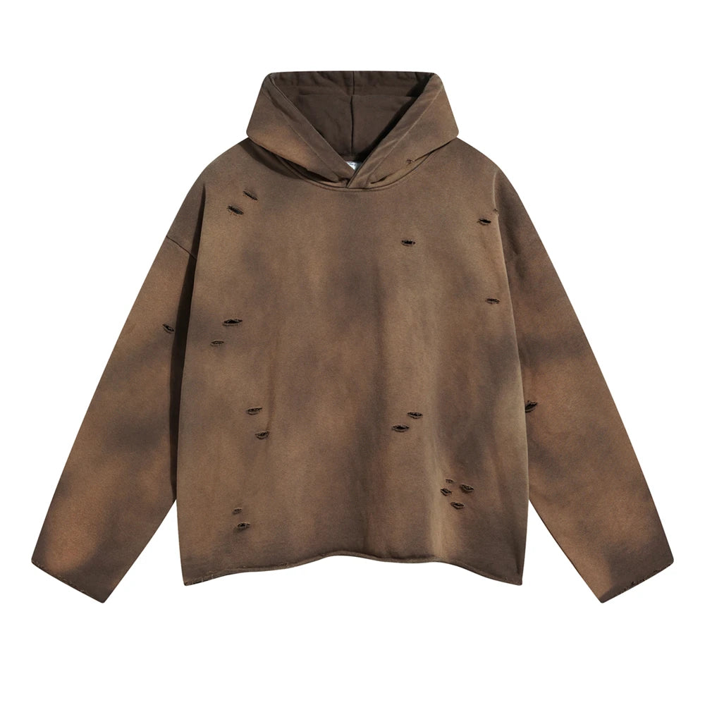 ZODF New Autumn Winter Men Monkey Washed Hoodies Unisex Disstressed Ripped Heavyweight Knitted 450gsm Hooded Pullovers HY0909