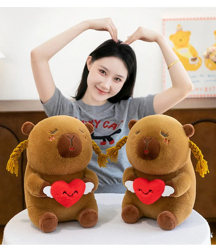 Capybara Plush Toy Cute Ugly Charming Love Heart Hair Braid Pillow Stuffed Animal Kids Birthday Christmas Gift for Children