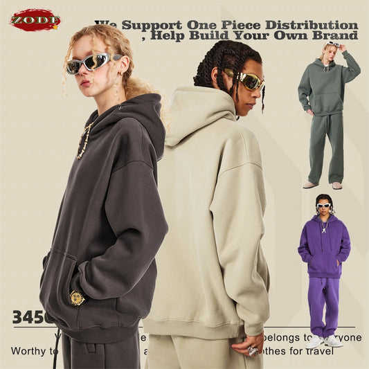 ZODF New 2024 Autumn Winter Men 345gsm Fleece Hoodies Unisex Women Relax Fit Warm Solid Hooded Pullovers Sweatshirts HY0863