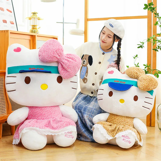 New Sanrio Plush Leopard Print Baseball Cap KT Cat Hello Kitty Stuffed Animal Kitten Pillow Doll for Kids Birthday Xmas Gift For