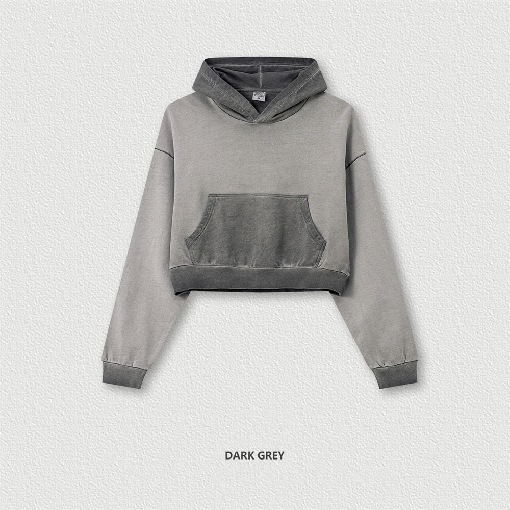 ZODF Autumn Women Washed Crop Hoodie 380gsm Cotton Short Hooded Sweatshirt Streetwear HY0942 - Dark Grey / S / China