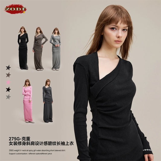 ZODF Retro Sexy Women Autumn Washed 275gsm T Shirt Ladies Girls Distressed Side Pleated Full Sleeve T-Shirts Tees HY1107