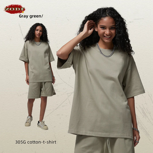 ZODF New Spring Summer Men 305gsm Cotton T Shirts Unisex Heavy Weight Oversized FG Noshrink Basic Solid T-Shirt Tees HY0165