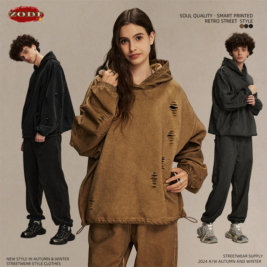 ZODF Vintage Winter Men Distressed 450gsm Hoodies Unisex High Street Ripped Holes Elastic Hem Hooded Pullovers Coat HY0932