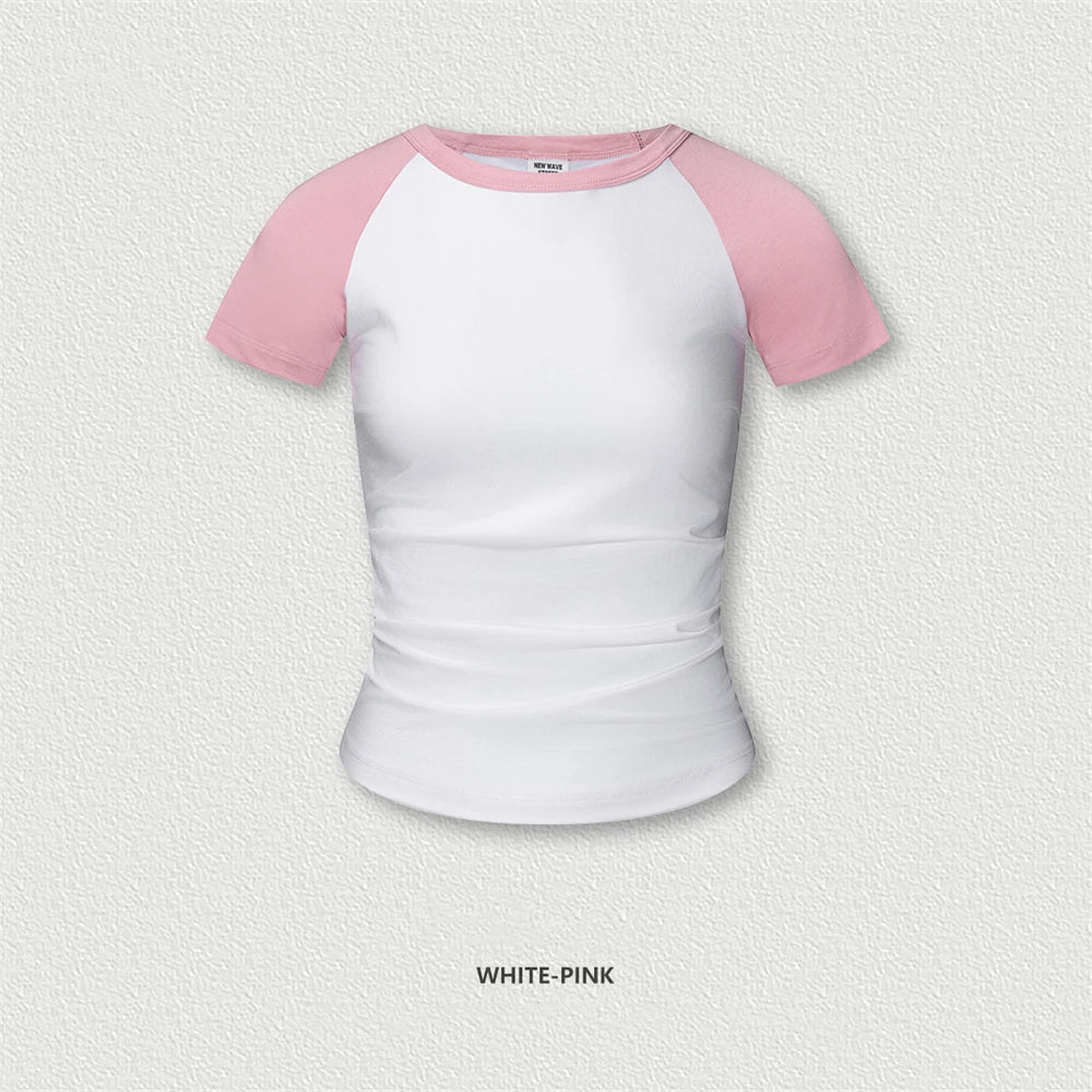 ZODF Hotsweet Summer Women Raglan Sleeve Slim Fit Casual Patchwork O-Neck T-Shirt HY1021 - White Pink / L / China