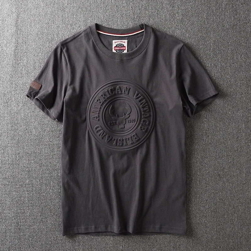 2025 Summer Retro Short-Sleeved O-Neck 3D Letter Printed Men’s Cotton Casual Sport T-Shirt - iron gray / 4XL