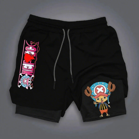 One Piece Chopper Anime Gym Shorts Men New Summer Japanese Cartoon Print Beach Pants Streetwear Double-layer 2-in-1 Sports Pants