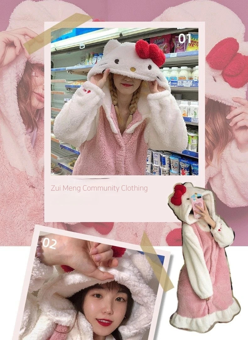 Aoger Hello Kitty Pajamas Women'S Autumn And Winter Coral Velvet Thickened Bathrobe Cute Winter Nightgown Long Women'S Suit