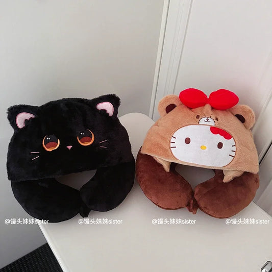 Kawaii Hello Kitty Neck Support Pillow with Hat Soft Plush Travel U-Shaped Pillow Nap Sleeping Cartoon Comfortable Journeys Girl