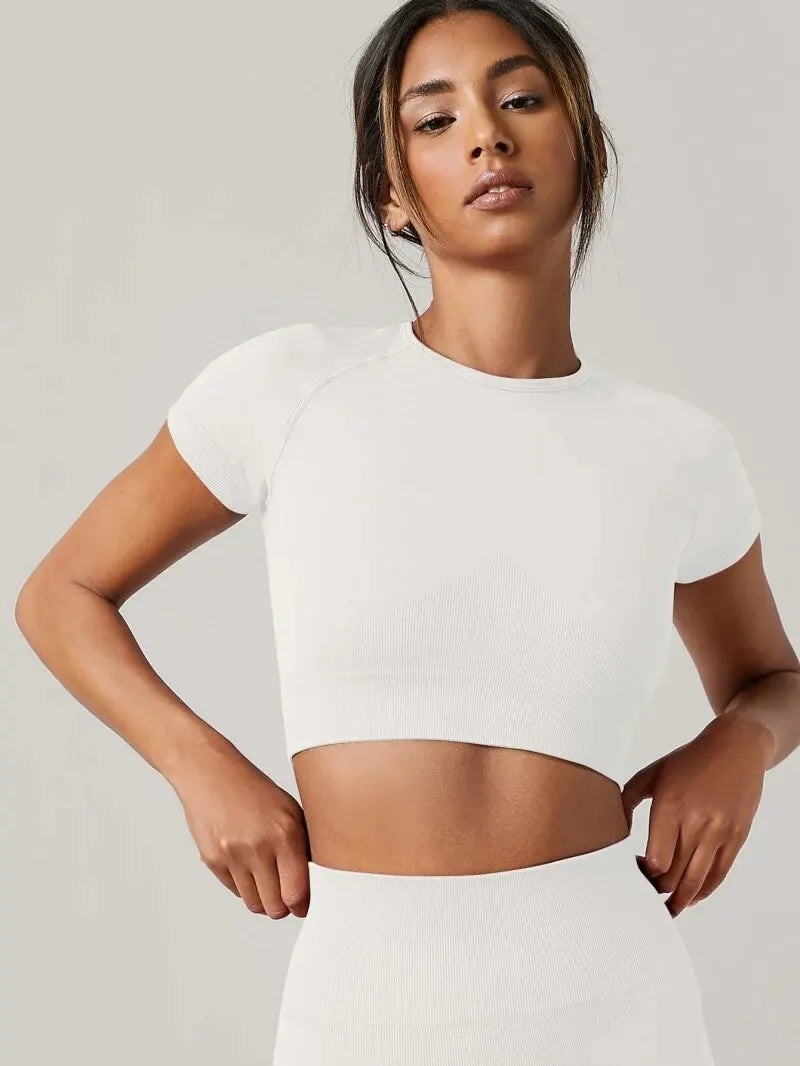Women Seamless Yoga Top Short Sleeve Fitness Gym Running Activewear Sport T-Shirt - WHITE / M