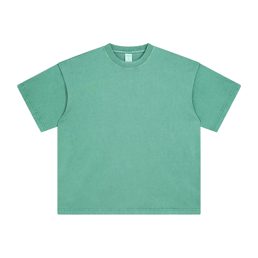 ZODF Men 2024 Retro Summer Washed Solid Cotton 250gsm O-Neck Loose High Street T-Shirts HY0075 - Light Green / S