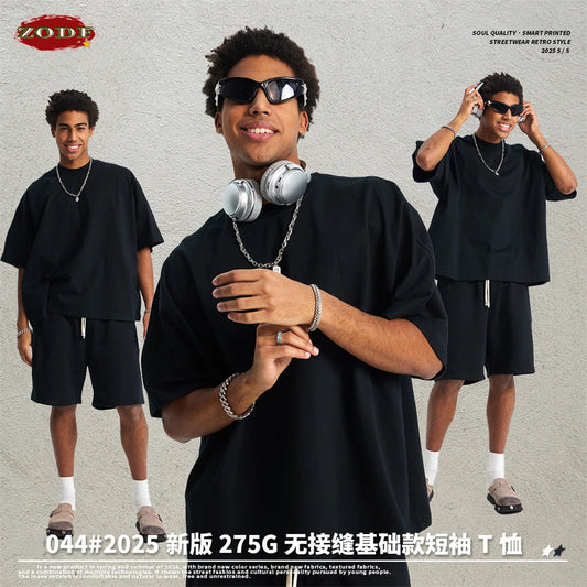 ZODF Trendy 2025 Summer Men 275gsm Cotton T-Shirts Casual Unisex Seamless Oversized O Neck T Shirt Tees HY1030