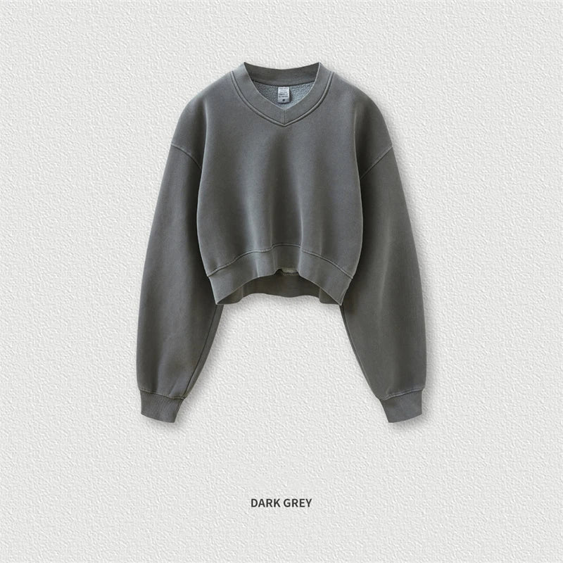 ZODF Winter Women Short Fleece Cropped Sweatshirts Girls Female Hip Hop Loose 400gsm V-Neck Pullovers Brand Tops HY0437