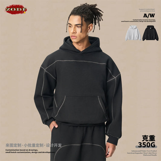 ZODF Trendy Men 350gsm Fleece Loose Boxy Fit Hooded Hoodie Unisex Hip Hop Solid Warm Pullovers Coat For Winter HY0032