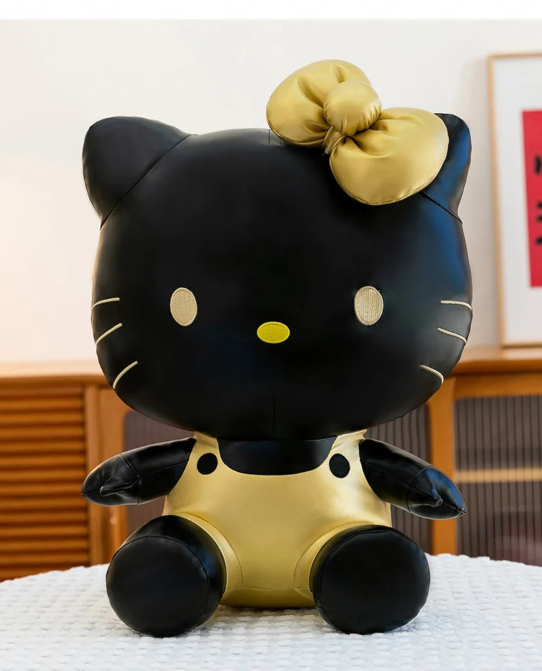 Cute Hello Kitty Plush Toy Black Gold Leather Cute Stuffed Animal Doll Kids Birthday Xmas Gift for Girls Plushie Pillow Present