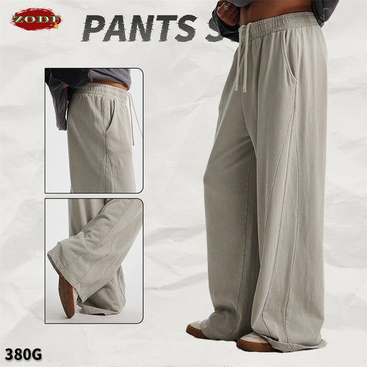 ZODF Retro 2025 Autumn Men 380gsm Washed Cotton Pants Unisex Patchwork Distressed Heavyweight Loose Solid Terry Trousers HY1071