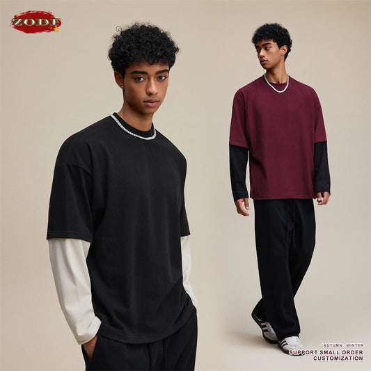 ZODF 2025 Autumn Man Fake 2 Pieces 320gsm T-Shirt Unisex Oversized Contrast Color Long Sleeve T Shirts Brand Clothing HY1090
