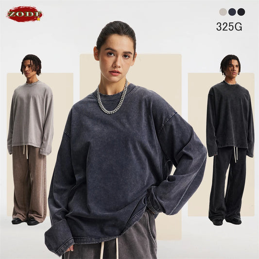 ZODF Vintage Autumn Batik Washed Cotton Man's T-Shirts Unisex Distressed Patchwork Full Sleeve T Shirt Brand Streetwears HY1163