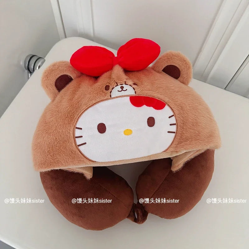 Kawaii Hello Kitty Neck Support Pillow with Hat Soft Plush Travel U-Shaped Pillow Nap Sleeping Cartoon Comfortable Journeys Girl