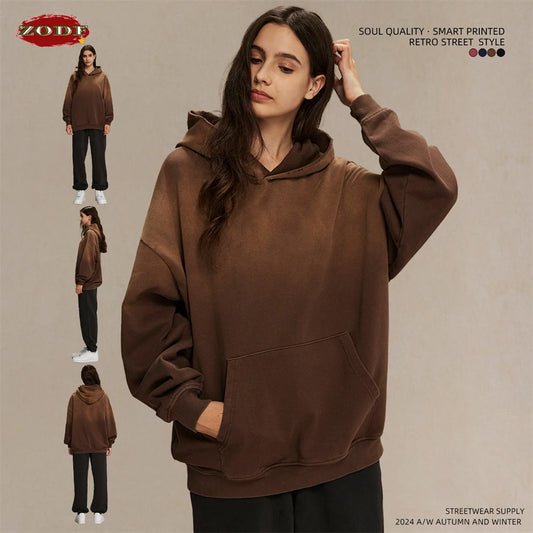 ZODF Retro Men's Heavyweight Gradient Washed Hoodies Unisex Loose Distressed Holes 450gsm Knitted Hooded Pullovers HY0891