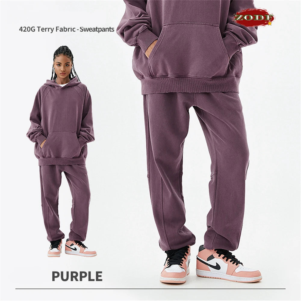 ZODF New Autumn Winter Batik Washed Cotton Sweatpants For Men Unisex Distressed Patchwork Loose 420gsm Sport Jogger Pants HY0724