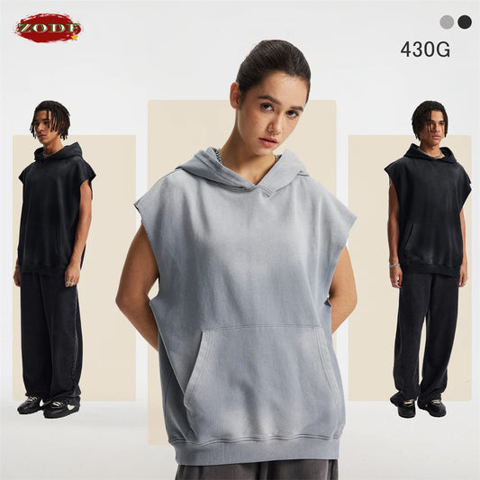 ZODF Summer Autumn Man Washed Sleeveless Hoodies For Men Unisex Loose Edge Distressed 380gsm Cotton Hooded Pullovers HY1097