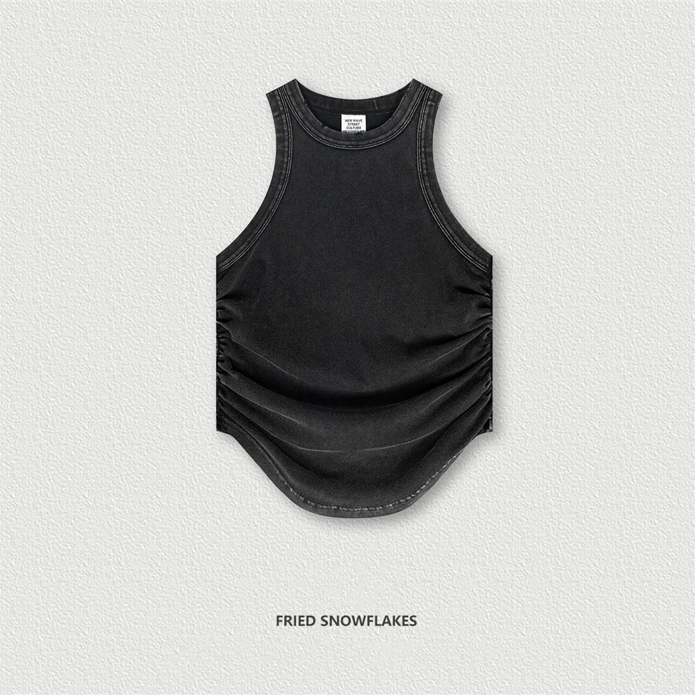 ZODF Women 2024 Summer Washed Slim Pleated Arc Hem Tank Tops 235gsm Ribbed Camisole Tee Streetwear HY0795 - black / M