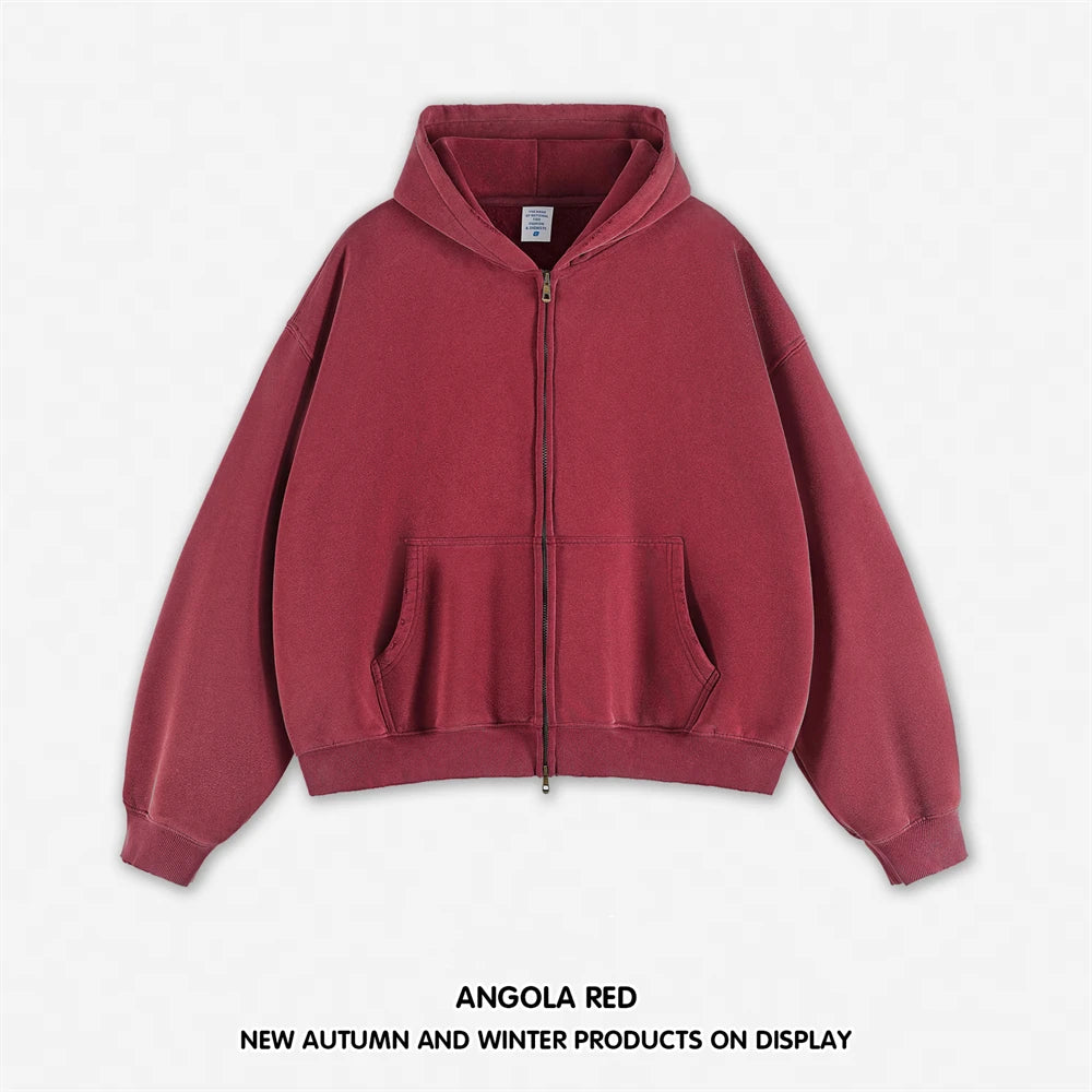 ZODF Retro Winter 350gsm Washed Zipper Fleece Hoodie Men Unisex Loose Fit Boxy Thick Warm Hooded Coat HY0042 - Red / S
