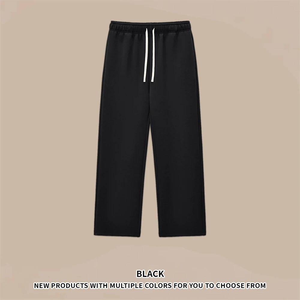 ZODF Casual 350gsm Fleece Unisex Loose Fit Wide Leg Straight Pants Warm Sport Trousers Winter HY0037 - black / XL
