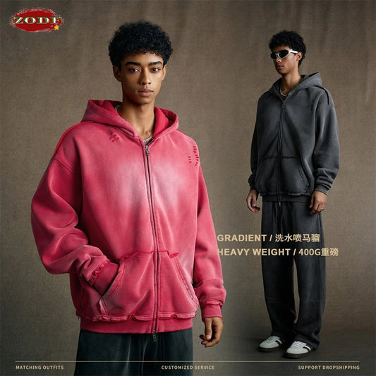 ZODF Retro Winter Men 400gsm Monkey Washed Zipper Hoodie Unisex High Street Loose Edge Ripped Distressed Hooded Pullovers HY1117