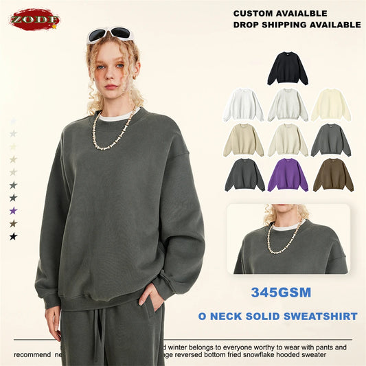 ZODF 2024 Winter Men 345gsm Fleece Sweatshirts Unisex Women Casual Loose Warm Solid O-Neck Pullovers Streetwears HY0865