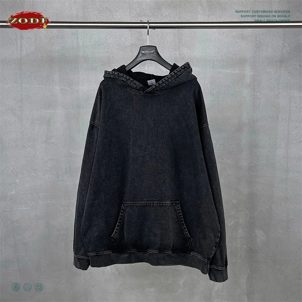 ZODF Retro Heavyweight 480gsm Cotton Oversized Washed Distressed Hooded Pullover for Men Unisex HY1115 - black / S