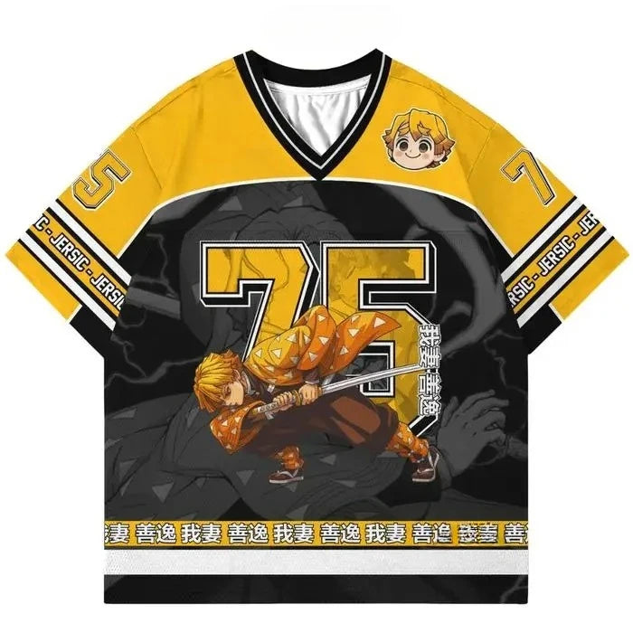 Demon Slayer Anime Series Number Jersey Oversize Daily Unisex Tops Tees Retro Korean Style Kpop Baseball Hockey Outfit T-shirt