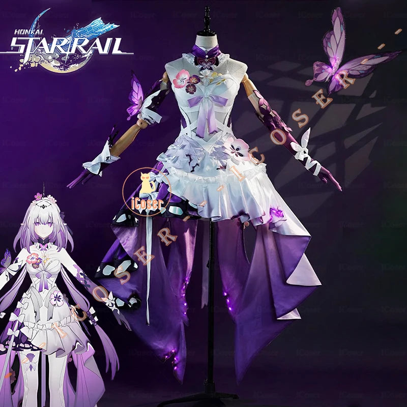 Honkai Star Rail Castorice Cosplay Costume Wig Dress Headwear Earrings Butterfly Props Halloween Party for Women Girls Carnival