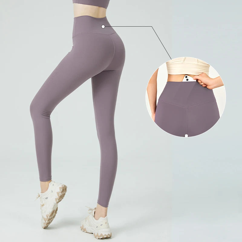 Naked Feel Yoga Leggings with Buttock Lifting and Hidden Waist Pockets – Women’s Gym Fitness Sportswear Tight