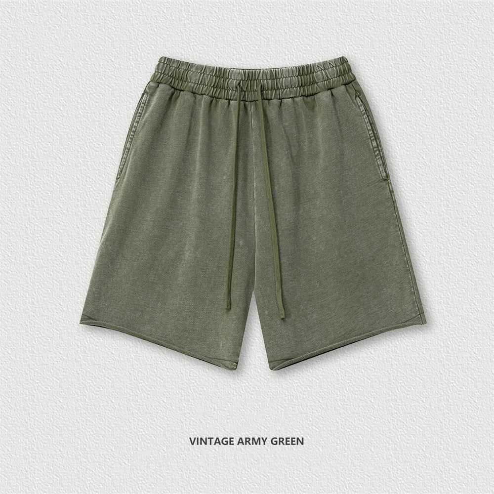 ZODF 2025 Men’s Summer Loose Fit Washed Cotton Shorts Knee-Length Elastic Waist 330gsm High Street Distressed HY1056