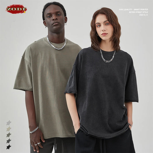 ZODF 2025 High Street Men Batik Washed Solid T Shirts Unisex Summer Loose Edge Noshrink 275gsm Cotton T-Shirt Streetwears HY0466
