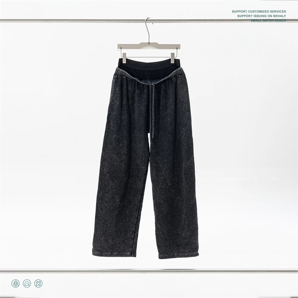 ZODF Retro Women Washed 370gsm Straight Pants Vintage Girls Female Loose Double Waist Wide Leg Cotton Trousers HY1150
